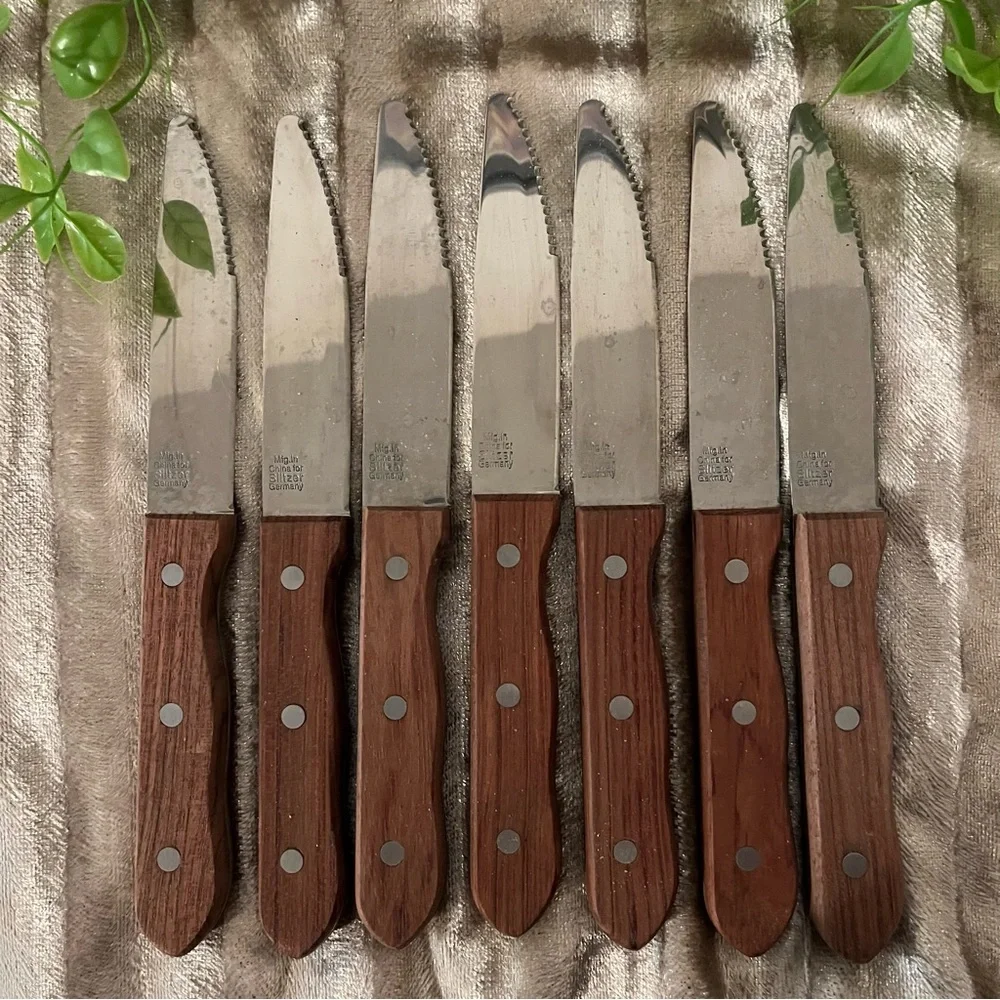 NWOT GERMANY KNIVES STEAK SLITZER Tang Thru Handle 7 Stainless Wooden Handles